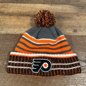 Philadelphia Flyers Logo Beanie Hat OS NHL Striped Pom Knit Old Time Hockey